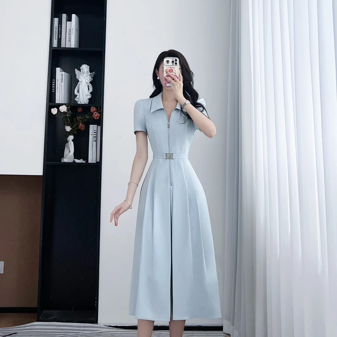 拉夏贝尔2025夏新休闲设计师西装领优雅收腰显瘦连衣裙 10447 MXJ