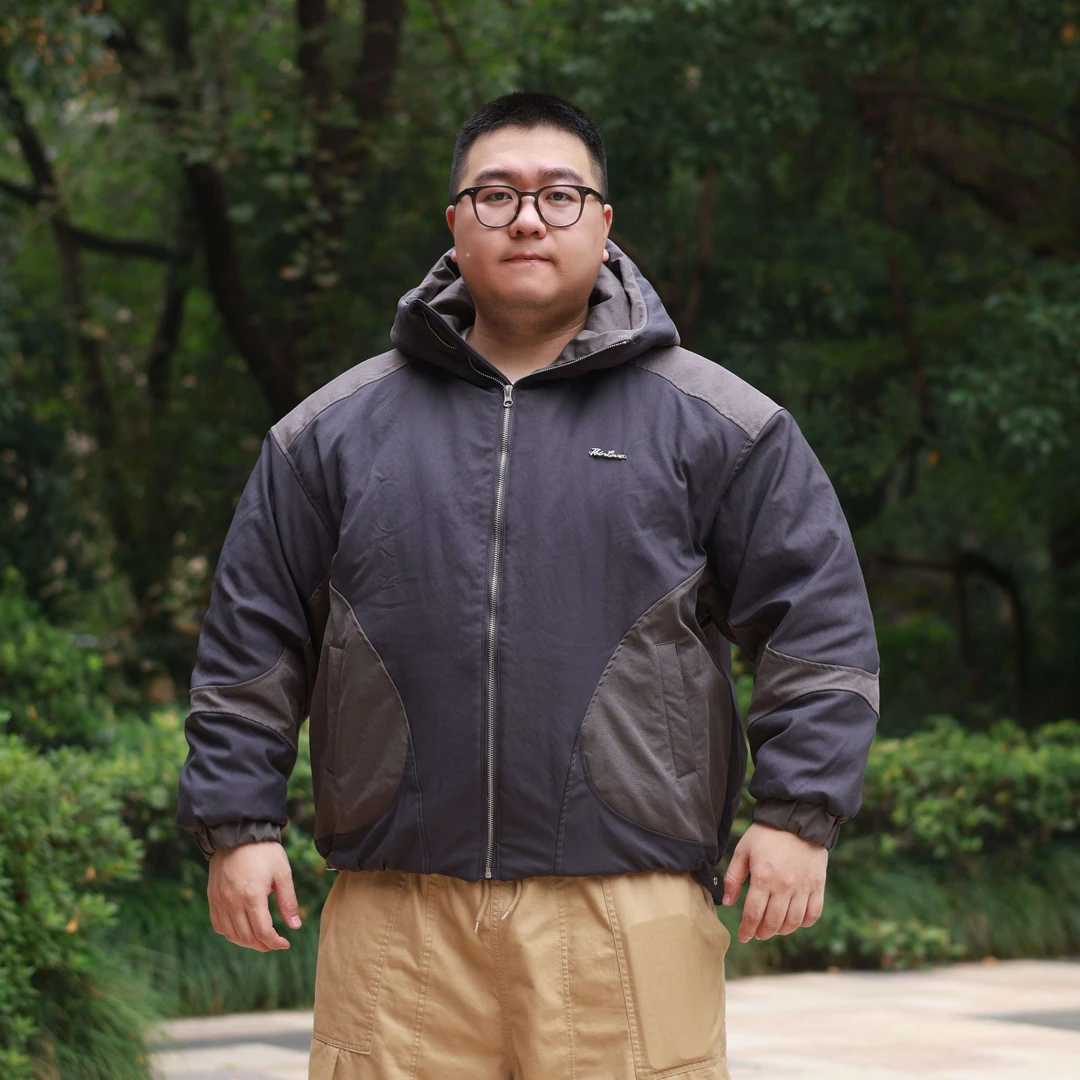 【棉服】厚款拼接撞色连帽保暖男棉衣印花圆下摆休闲男士冬季宽松
