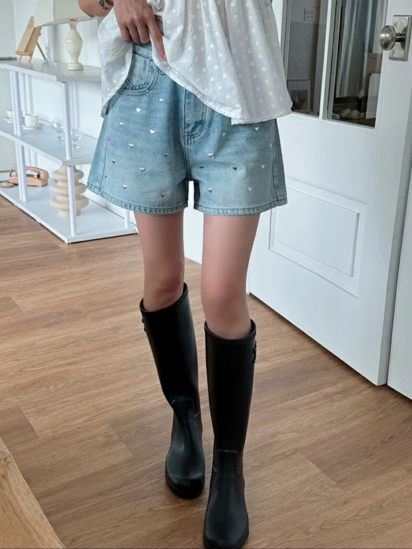 F·【爱心裤】夏季显瘦百搭小众重工爱心水洗牛仔短裤