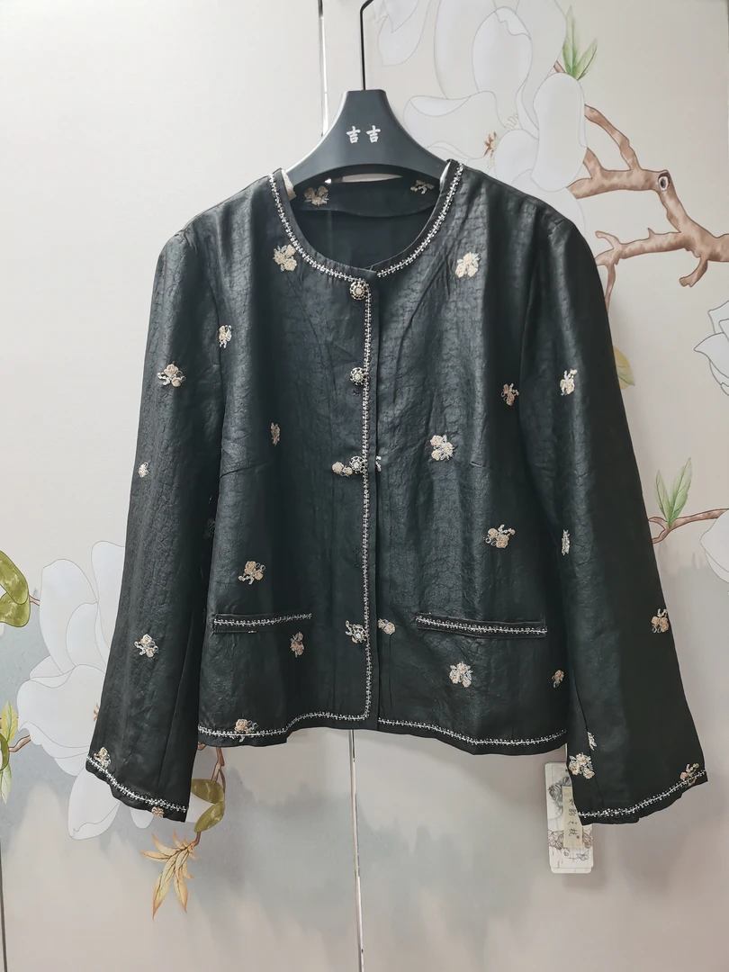 伊美香云纱如016桑蚕丝黑龟纹老料重工刺绣国风复古小香风短外套