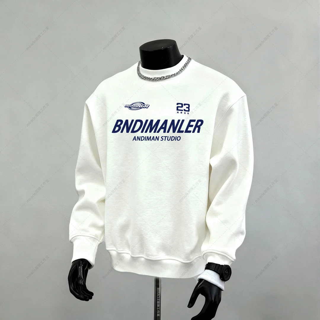 秋冬季白色圆领卫衣加绒加厚潮流BND蓝字母印花套头内搭打底长袖