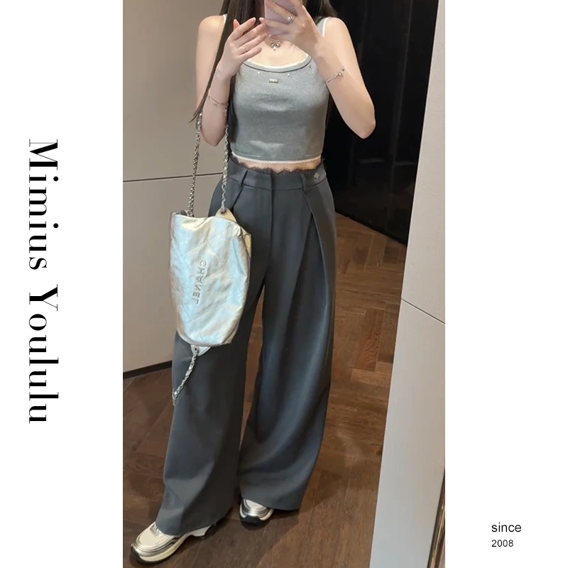 【mimius】U摩登感蕾丝褶皱西装阔腿裤+铆钉针织背心 G02154