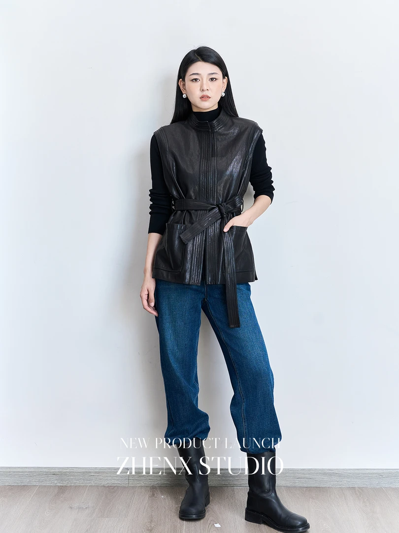 ZHENXI【酷黑皮马甲】高个子穿搭秋季时尚设计感真皮马甲25QDYZ0532