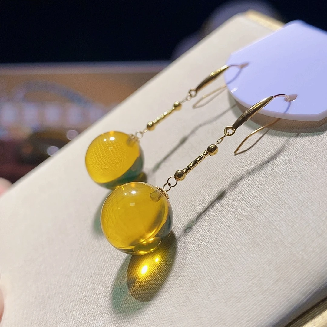 蓝珀18K金镶嵌耳饰12m高蓝净水耳钩