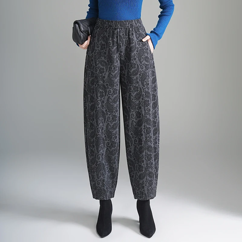 松紧腰碎花哈伦裤宽松萝卜休闲女裤子2025春秋新款弯刀香蕉九分裤