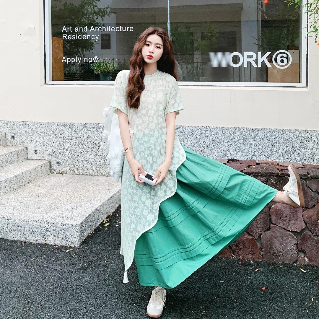 不规则蕾丝T恤连衣裙套装女夏日绝美慵懒松弛感休闲半身裙两件套