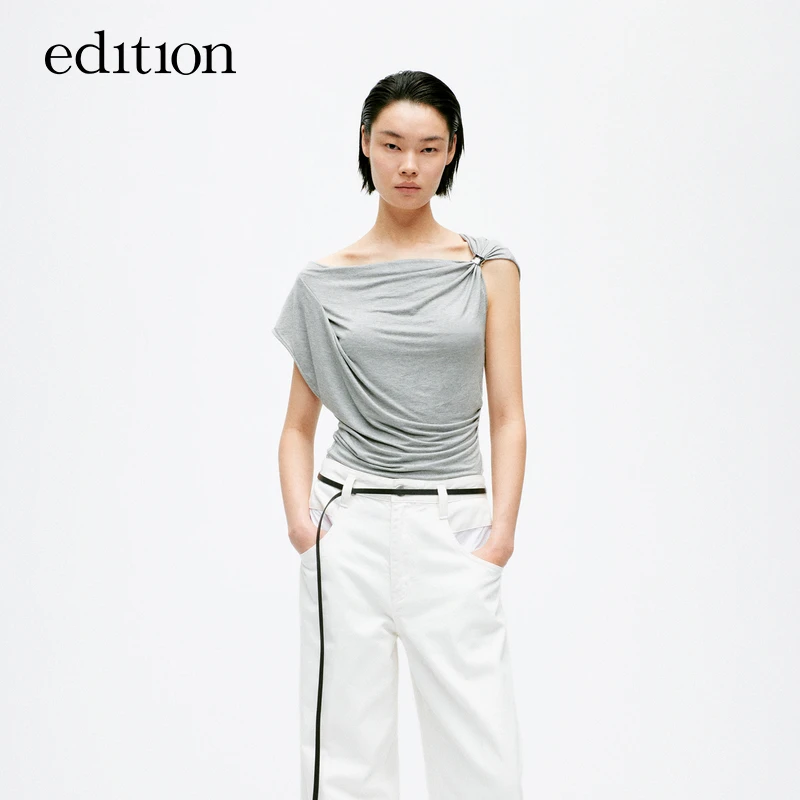 【商场同款】edition夏季不对称褶皱露肩T恤#EBD2TEE017