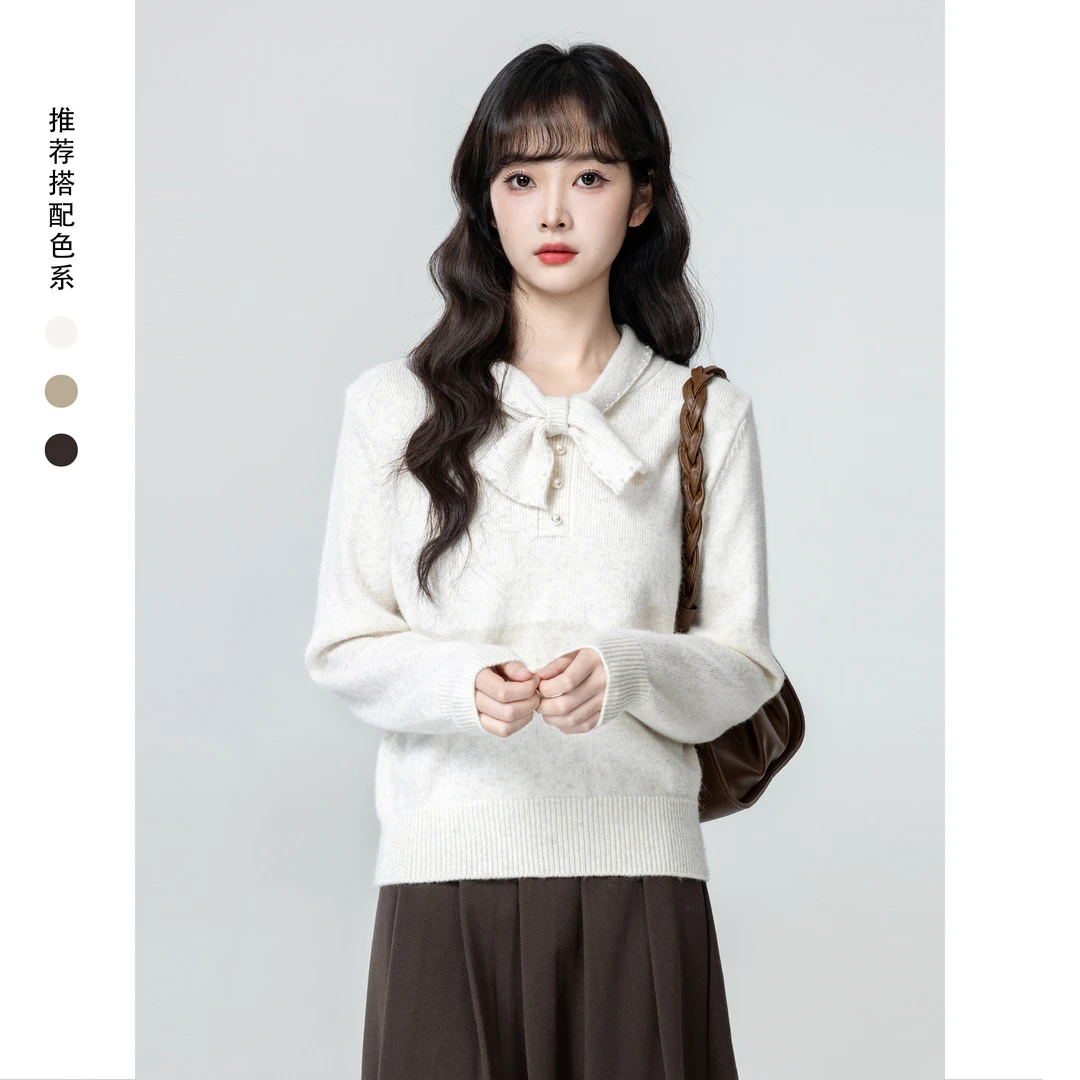 奶白色蝴蝶结领巾毛衣女秋冬2025秋季新款软糯内搭针织衫短款上衣