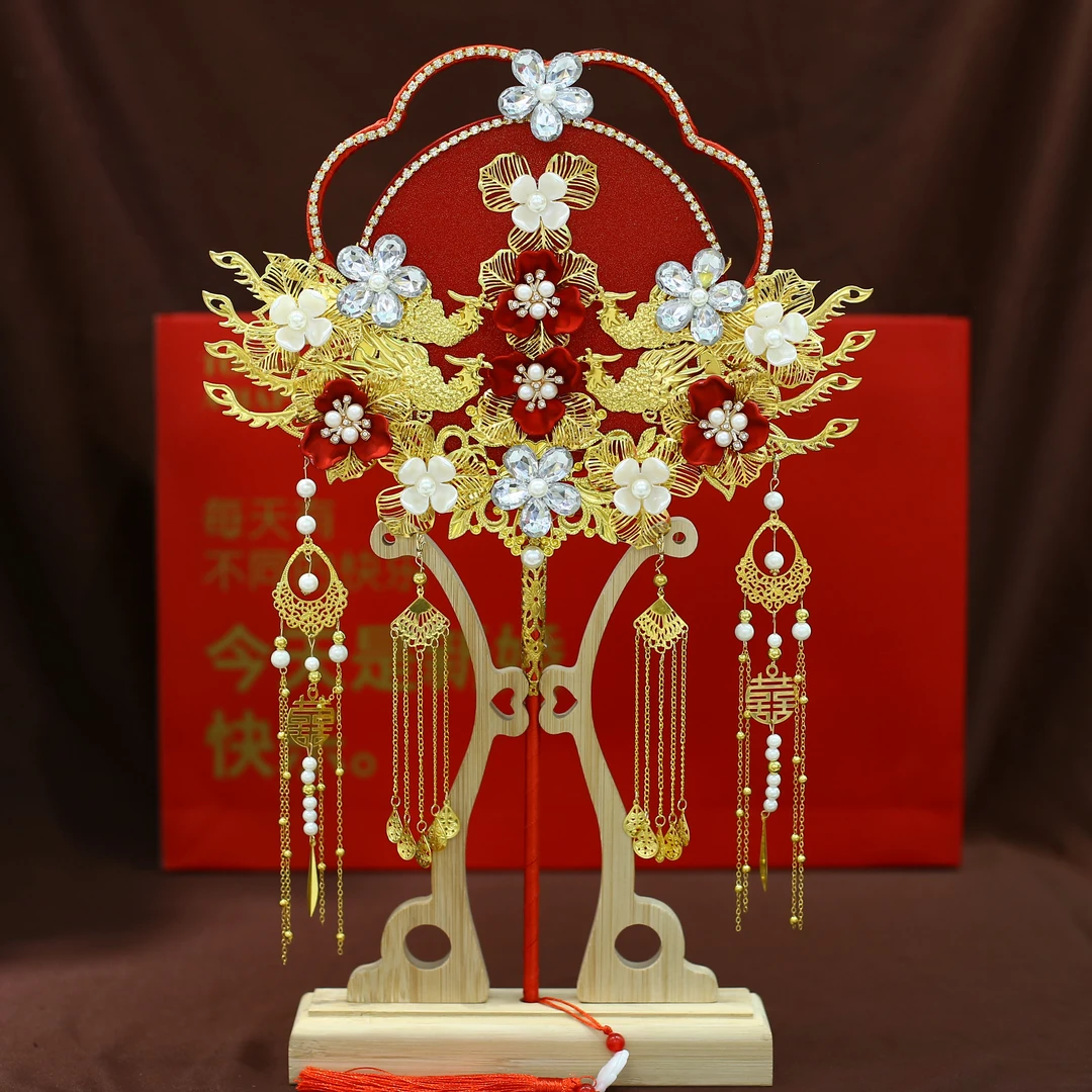 大气新娘流苏秀禾服配饰重工金色红色双面双色双流苏成品团扇9572