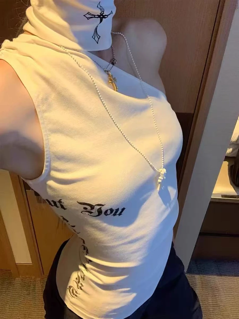 美式辣妹十字架印花高领挂脖斜肩夏季背心辣妹修身无袖上衣