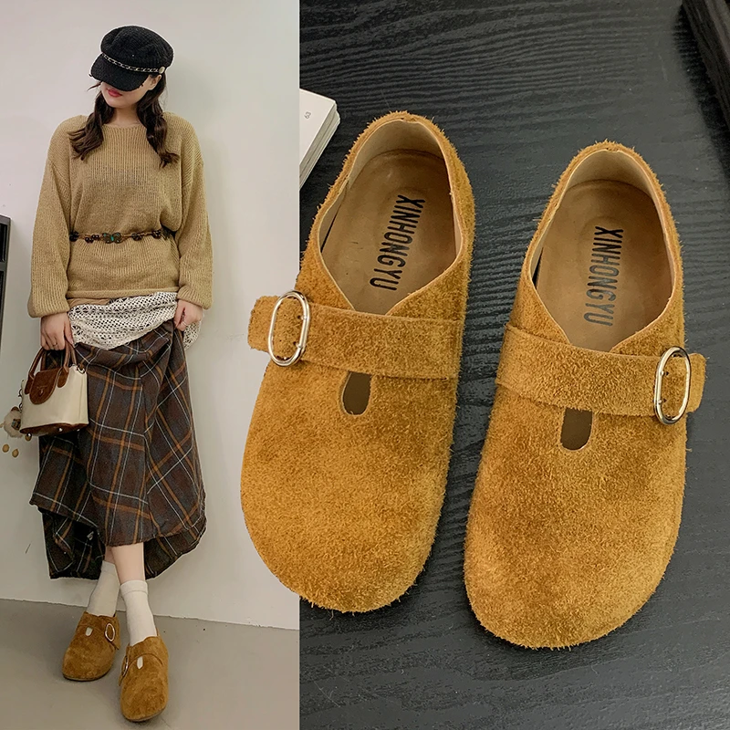 XHY【勃肯娃娃鞋】真皮牛皮3公分港风复古一脚蹬单鞋时尚经典手工鞋