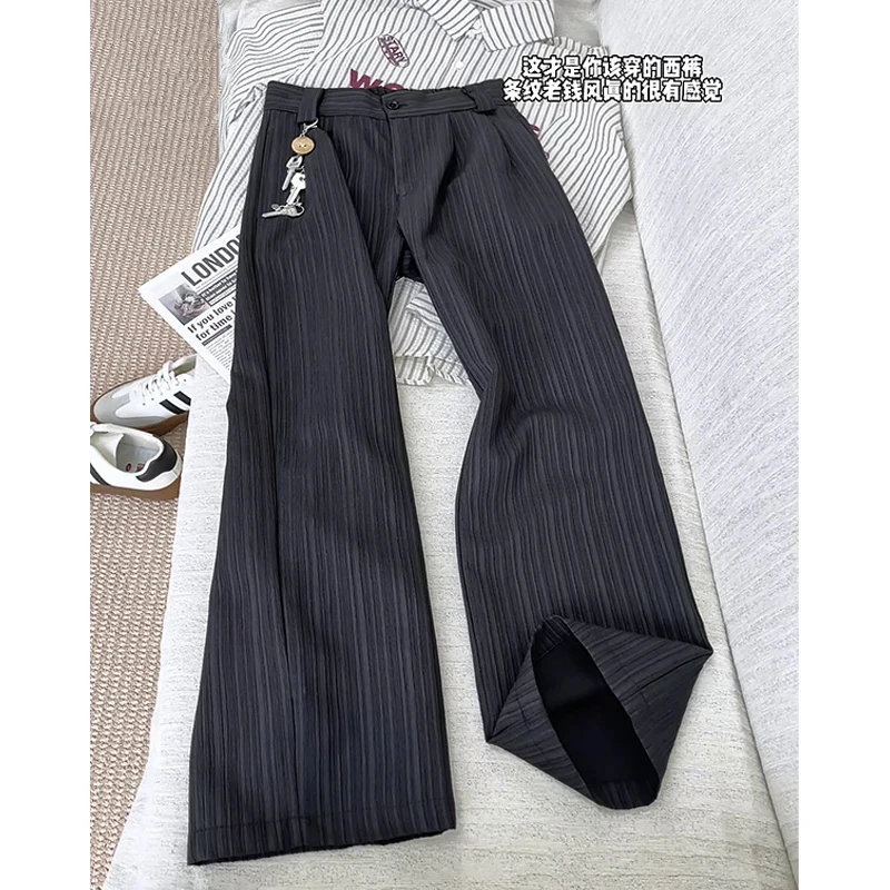 条纹直筒西裤男女同款早秋肌理感休闲裤子宽松显瘦大码慵懒风长裤