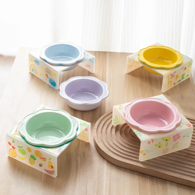 卡通宠物碗亚克力架花朵陶瓷猫碗餐桌猫狗单碗托架护颈防打翻