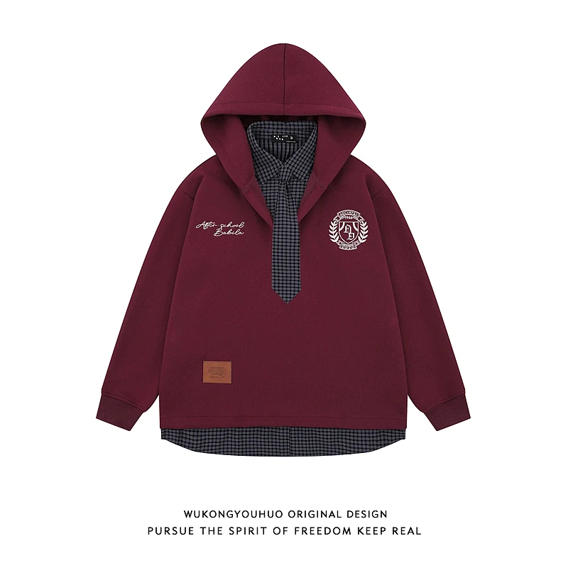 悟空有货美式复古假两件格纹拼接连帽卫衣男女宽松慵懒风情侣外套
