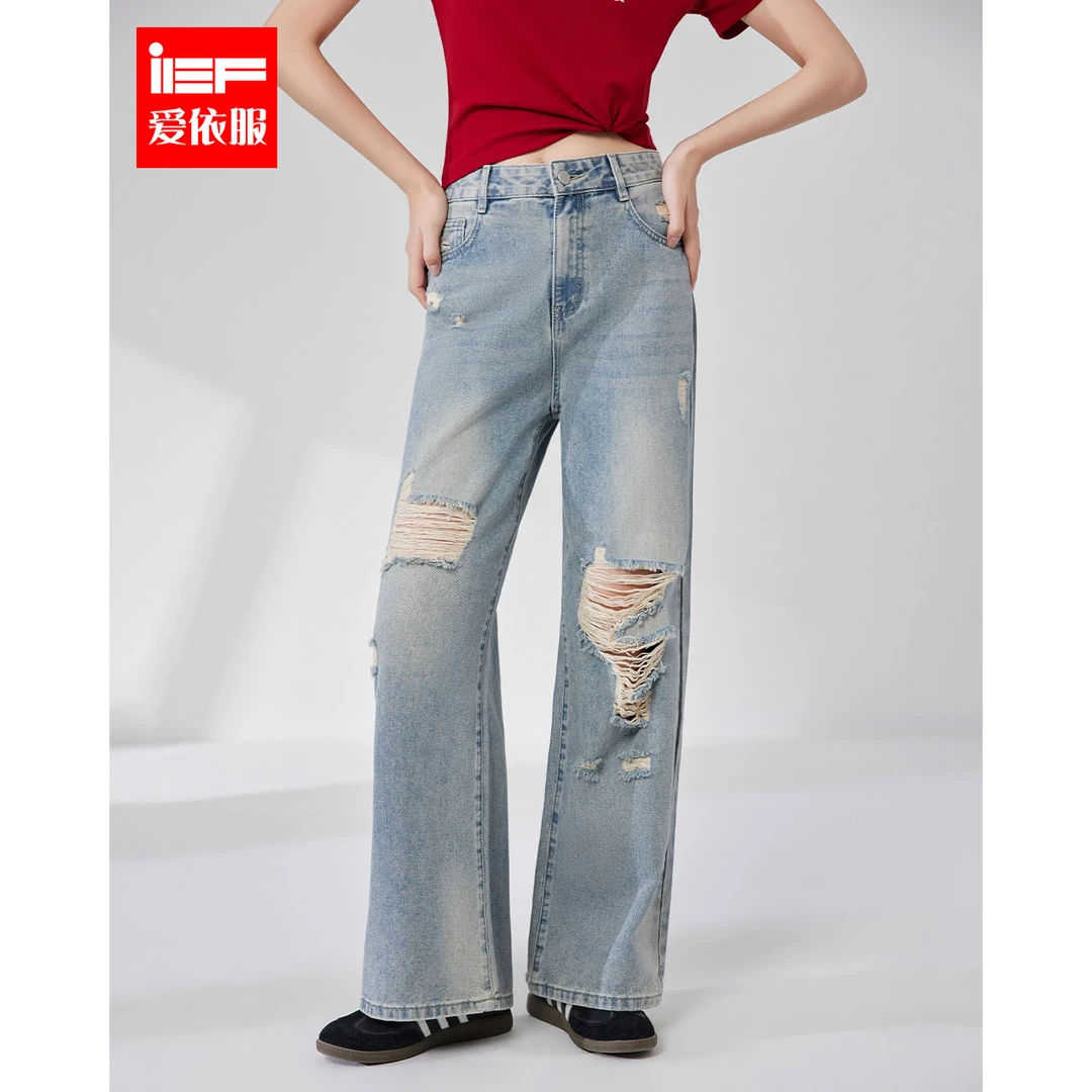 IEF/爱依服2025夏季新款美式街头超酷个性辣妹破洞设计牛仔阔腿裤