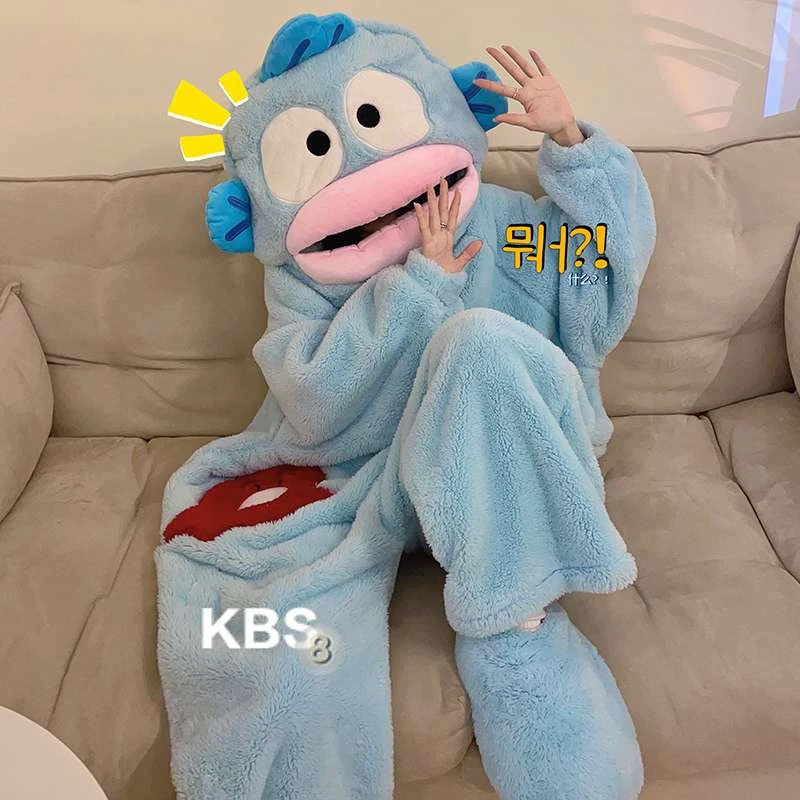 范哲萨丑鱼睡衣女秋冬季珊瑚绒白色情侣连体搞怪卡通睡袍男保暖加