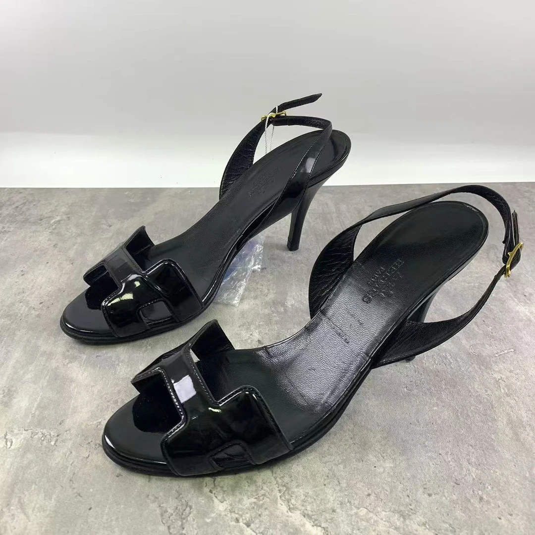 95新 Hermes/爱马仕 36.5码/仔仔女鞋/黑色H一字带高跟凉鞋 1450