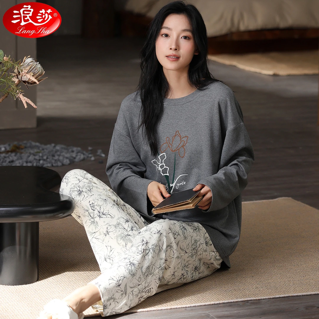 浪莎睡衣女春秋款长袖长裤纯棉圆领大码休闲冬天可外穿家居服套装