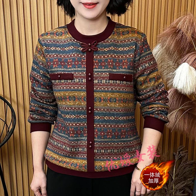 中老年女装冬季圆领加绒印花蝴蝶结保暖显瘦洋气妈妈装长袖上衣