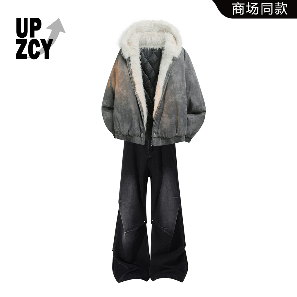 UPZCY美潮复古座山雕连帽保暖棉衣冬季新款水洗铆钉牛仔裤两件套