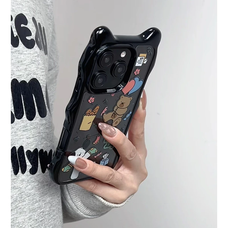 BANCA猫耳涂鸦小熊适用iphone16/15波浪边手机壳苹果14/13华为P70
