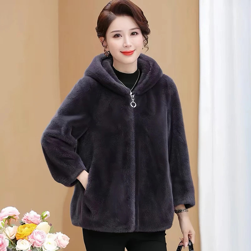 短款连帽加厚雪兰貂外套冬季女士气质百搭大码洋气时尚宽松保暖