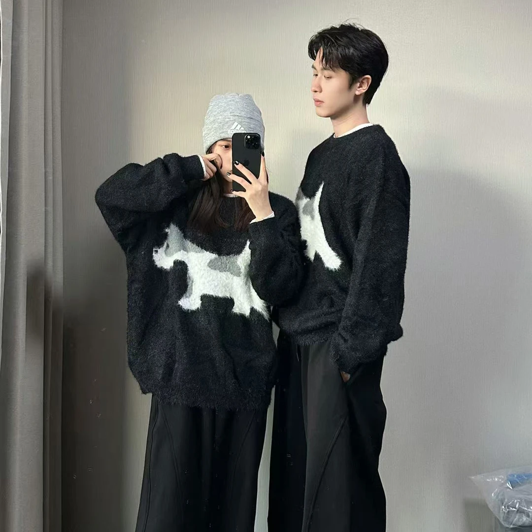 秋冬圆领毛衣男小狗印花设计感情侣针织衫网红高街爆款潮流上衣服