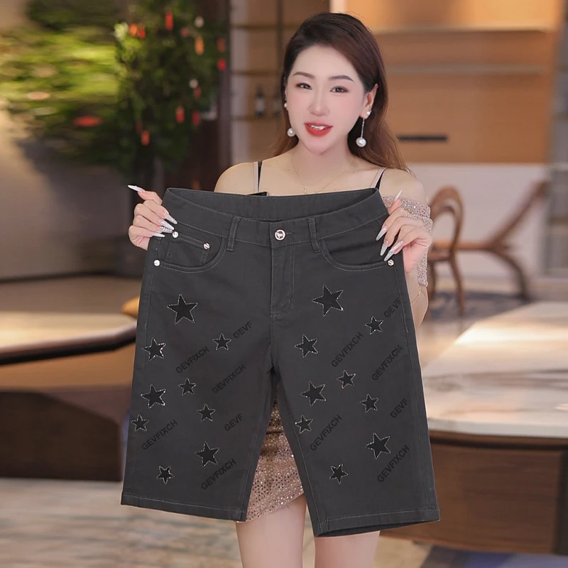 夏季男士高端烫钻五分牛仔短裤时尚百搭休闲显瘦弹力修身中裤男