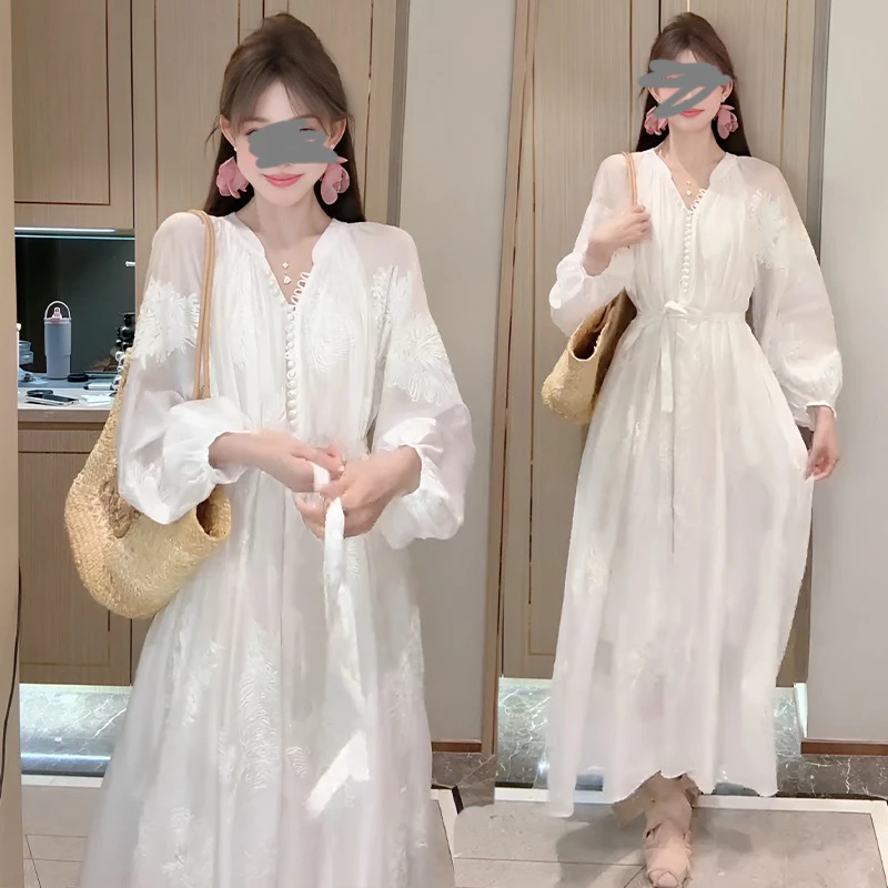 官图 法式高级感绣花长袖连衣裙2025春秋宽松慵懒风绝美纱裙长裙