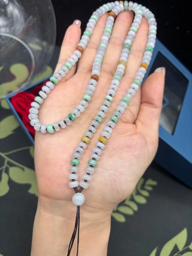 保真天然缅甸A货翡翠老坑冰种三彩算盘珠6mm玉石挂牌绳毛衣链项链