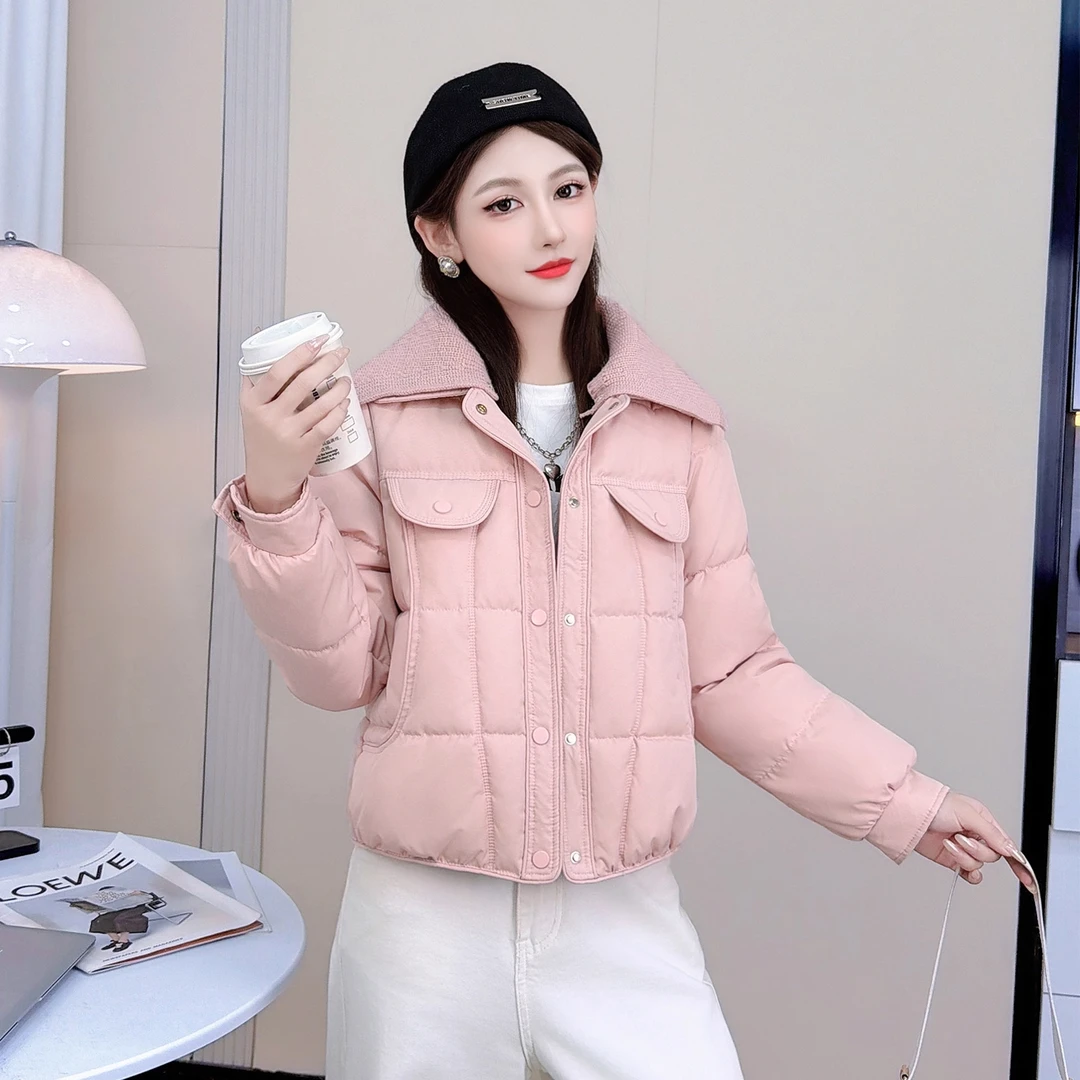 时尚短款百搭棉服女2025冬季新款洋气宽松显瘦针织领拼接棉衣外套