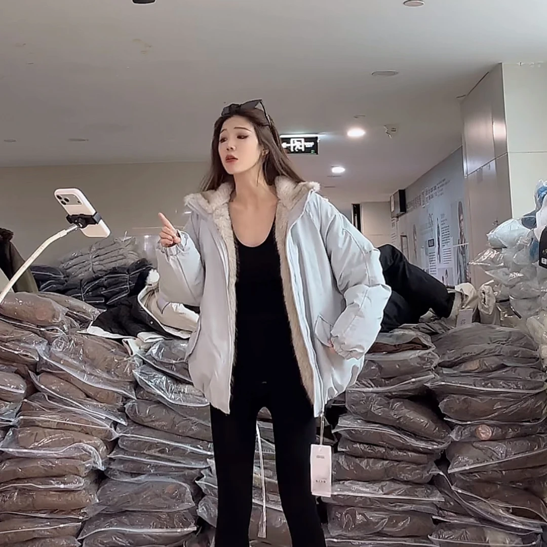 【柒汐】推荐冬季立领纯色毛毛拼接棉服外套9006