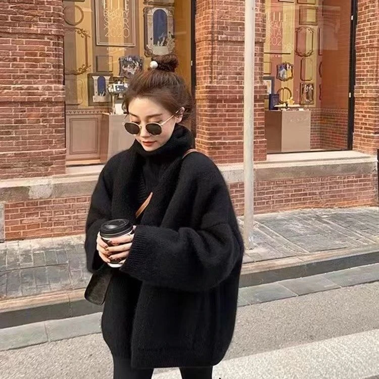 韩版慵懒风宽松加厚洋气针织开衫毛衣外套女秋冬季软糯外搭上睡衣