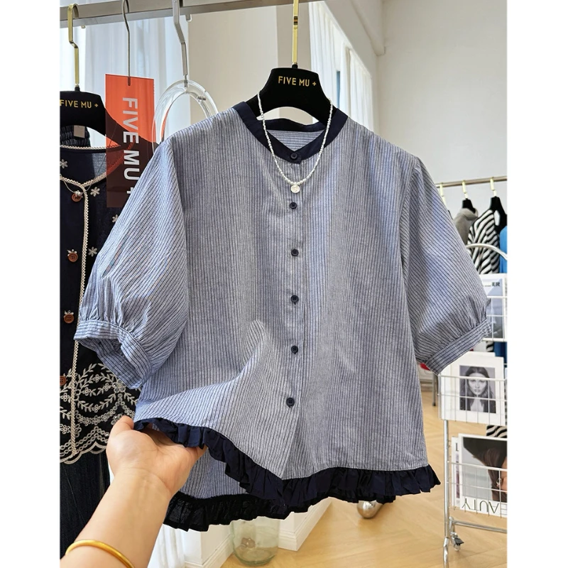 高级感轻奢减龄木耳边撞色条纹短袖衬衫女夏季法式气质小衫上衣