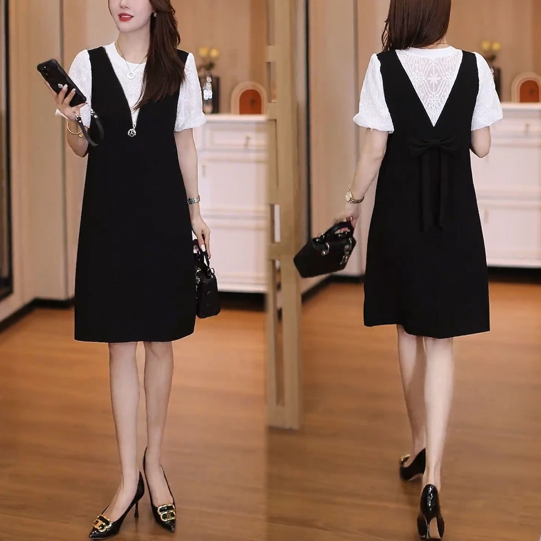 小个子大码女士裙子2025夏季新款设计感蝴蝶结后背拼接显瘦连衣裙