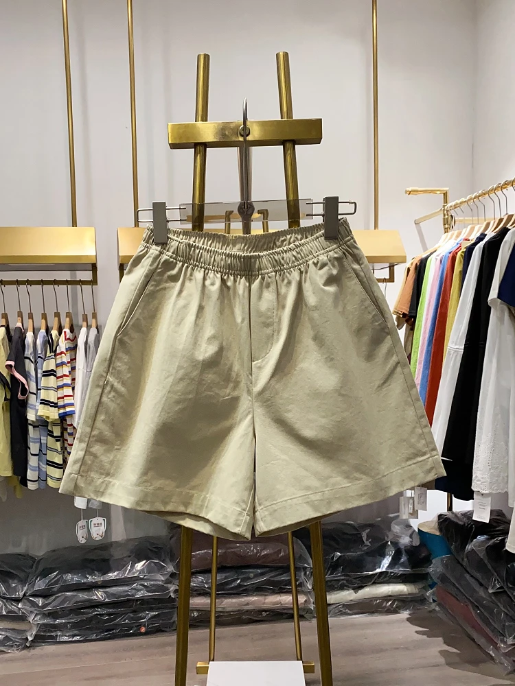 高含量亚麻短裤松紧腰短裤简约高腰纯色休闲裤夏季成人薄款阔腿裤