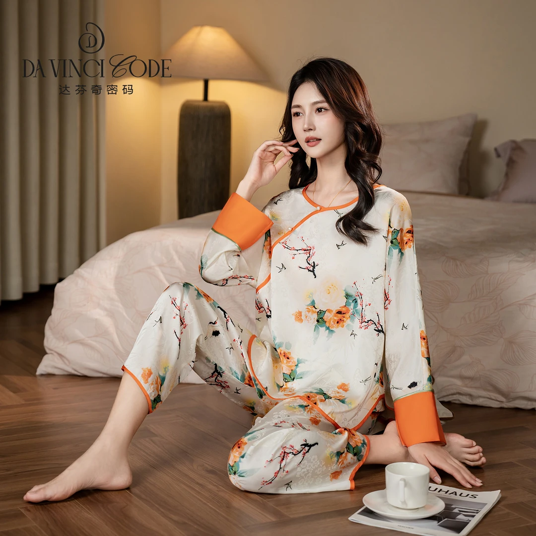 达芬奇密码花朝月夕四季冰雪丝春夏国风长袖套头睡衣女家居服套装