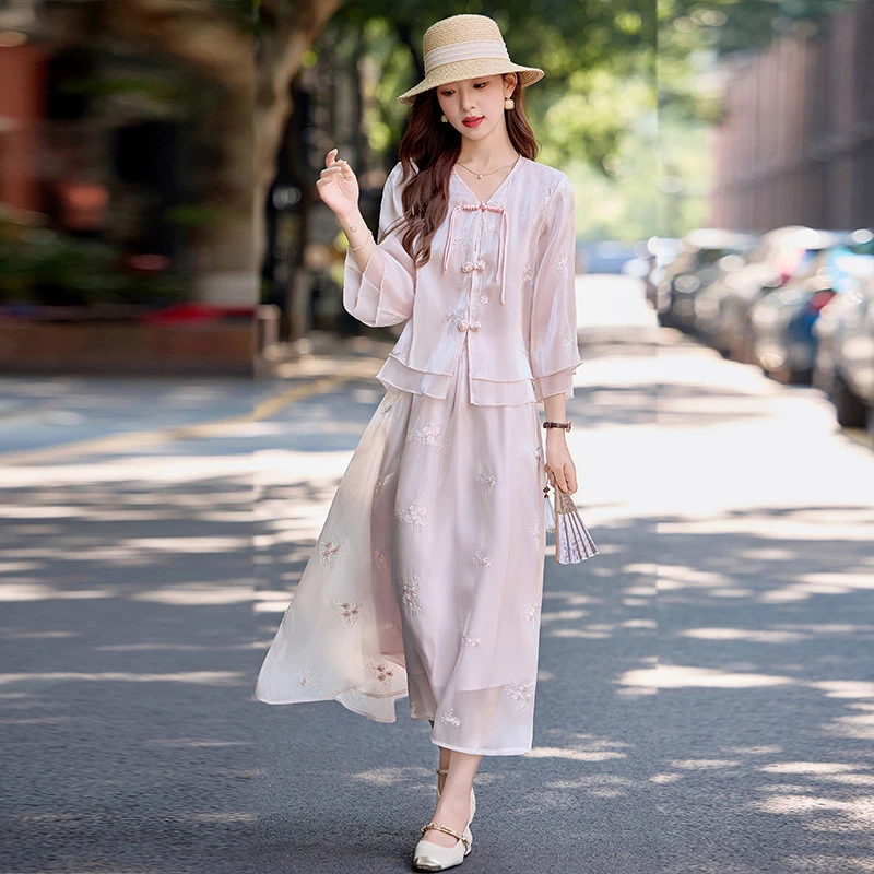 时尚套装2025显瘦女新中式国风盘扣上衣半裙两件套裙ZM25602气质