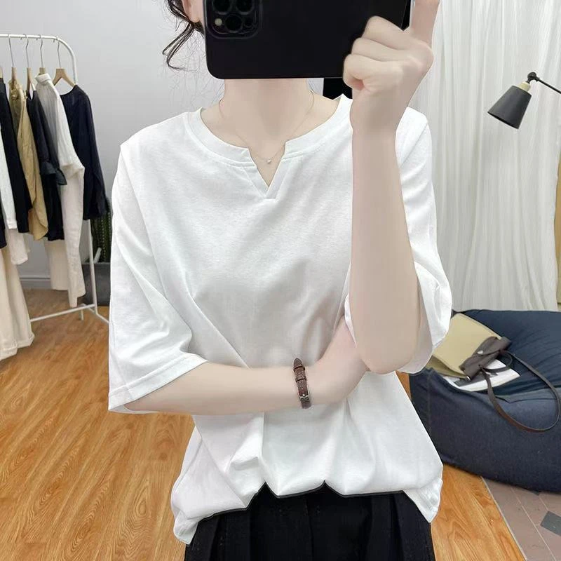 啄木鸟女装纯棉短袖t恤小v领2025年新款洋气夏装纯色宽松气质款式