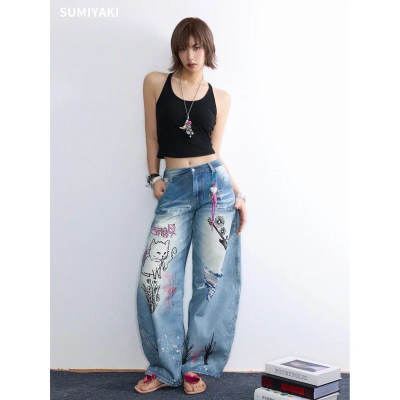 SUMIYAKI 27猫咪印花 3D打印牛仔裤宽松显瘦弯刀裤