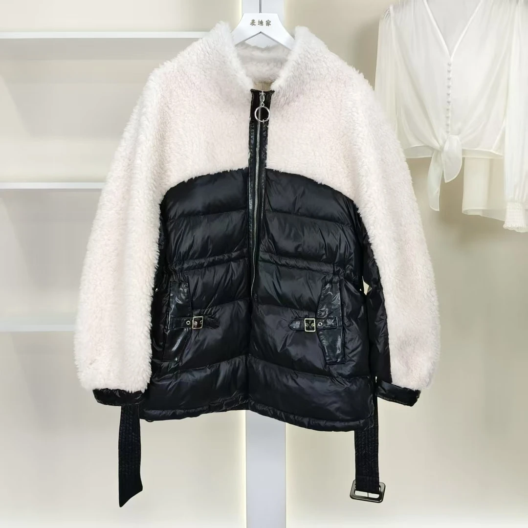 麦迪尚品 5051677 秋冬绵羊毛拼接鹅绒服品牌撤柜女装折扣