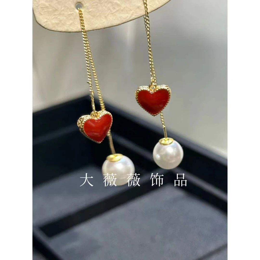 铜合金耳饰 红色爱心双面耳线-5582