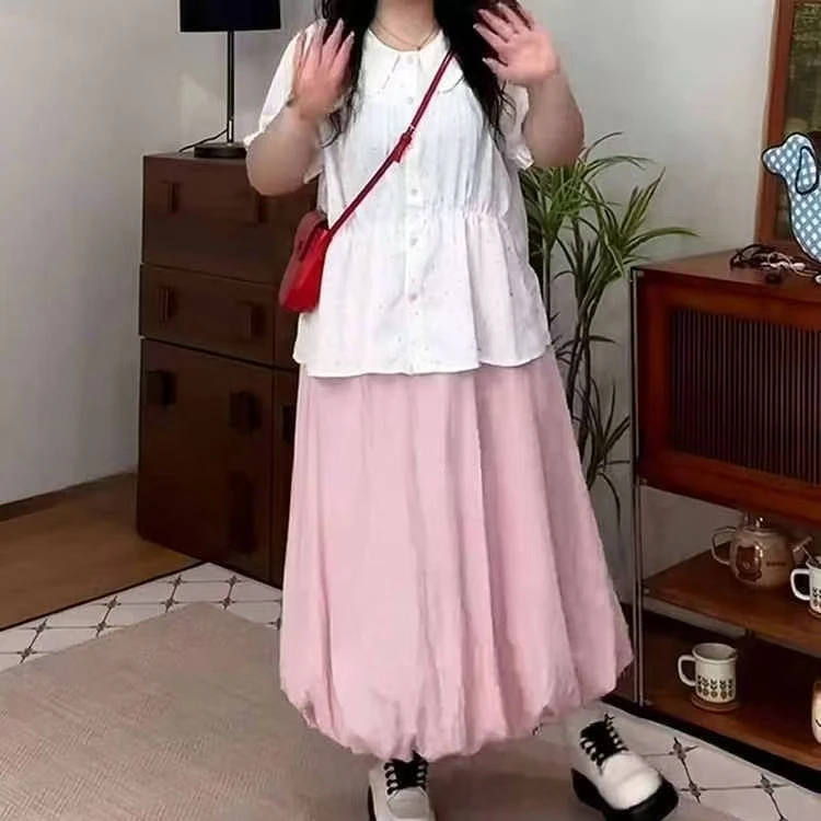 大码泡泡袖波点衬衫花苞半裙两件套女夏季胖mm巨显瘦穿搭一整套装