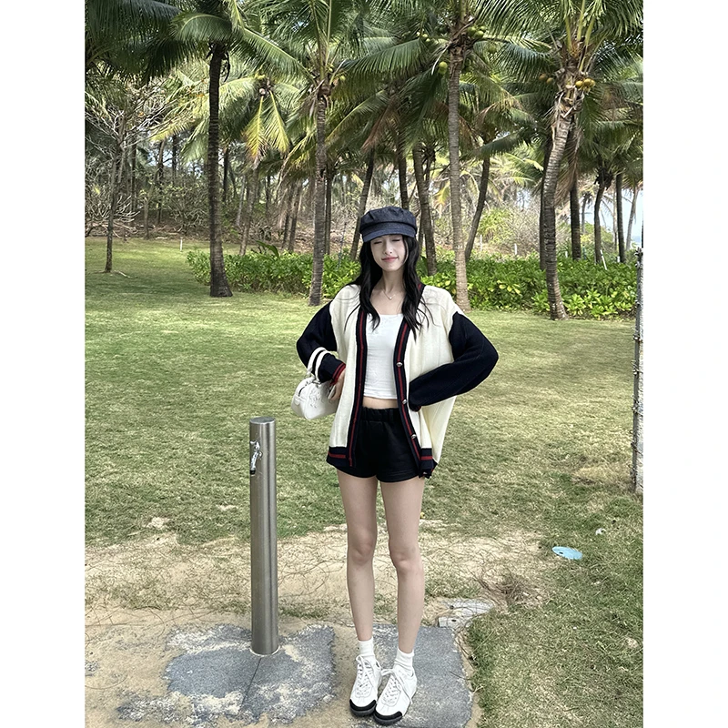 EKOOL衣库 撞色V领羊毛针织开衫女春秋宽松百搭长袖上衣C5021412