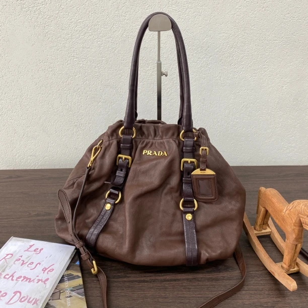 95新 Prada/普拉达 棕色牛皮元宝托特单肩斜挎包 118788