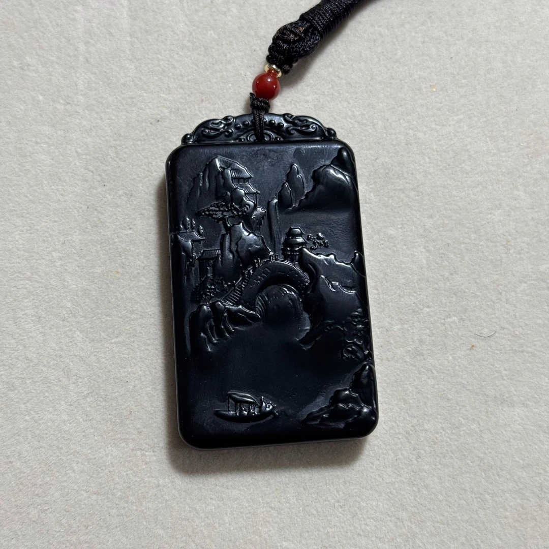 【抖音官方质检发货正品保真】天然和田玉墨玉山水牌+龙龟手把件