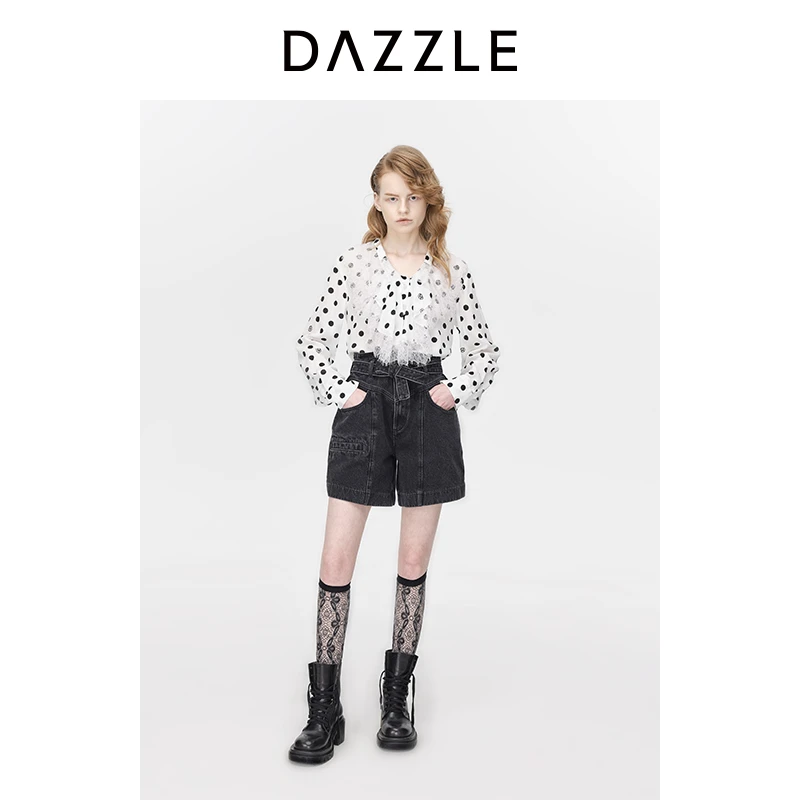 DAZZLE地素奥莱 牛仔裤女系带设计黑色棉质阔腿牛仔短裤2H1R127