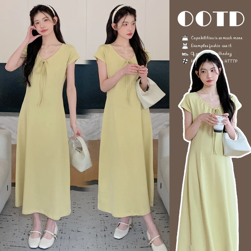 时髦孕妇装新款法式显瘦气质时尚夏季减龄宽松复古黄色大码连衣裙