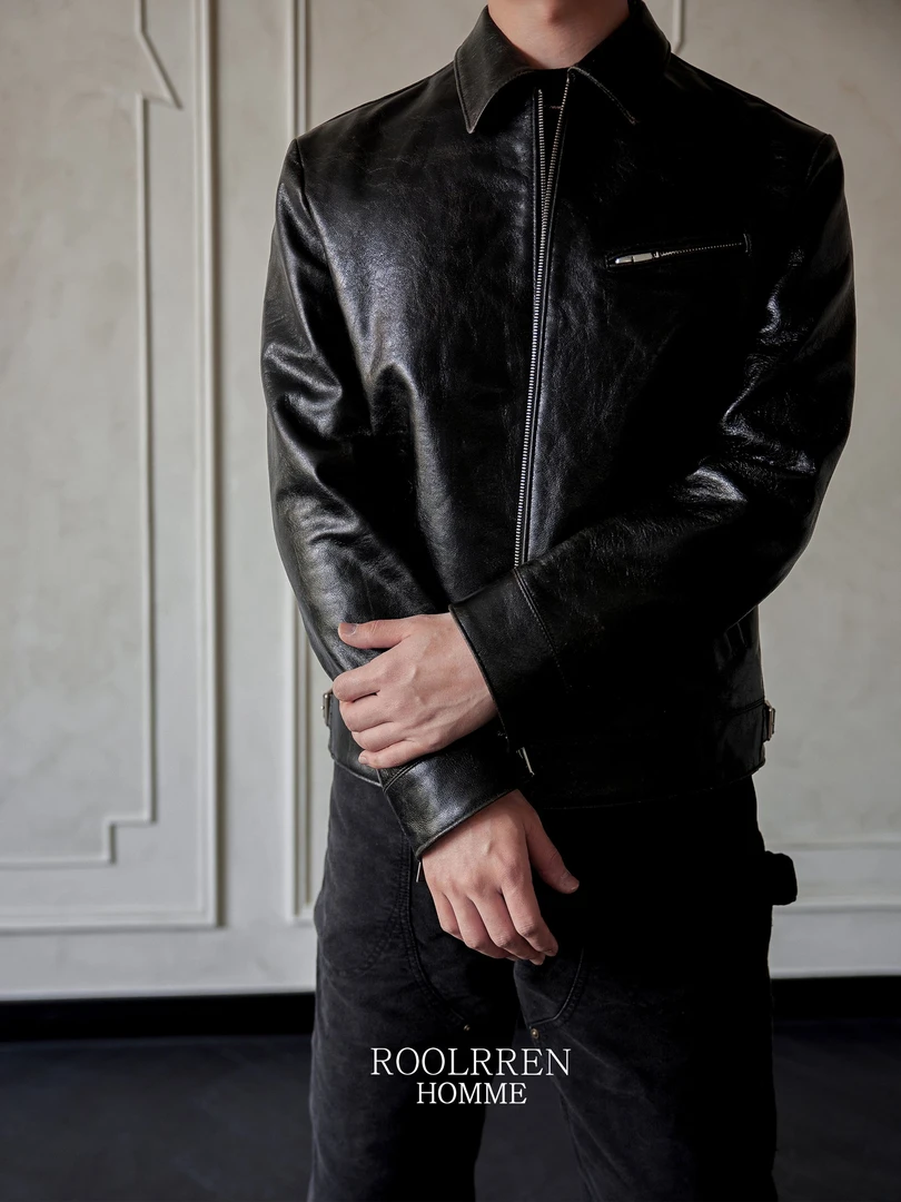 ROOLRREN 尼日利亚进口蓝湿山羊皮双色油蜡擦色做旧翻领正肩皮衣