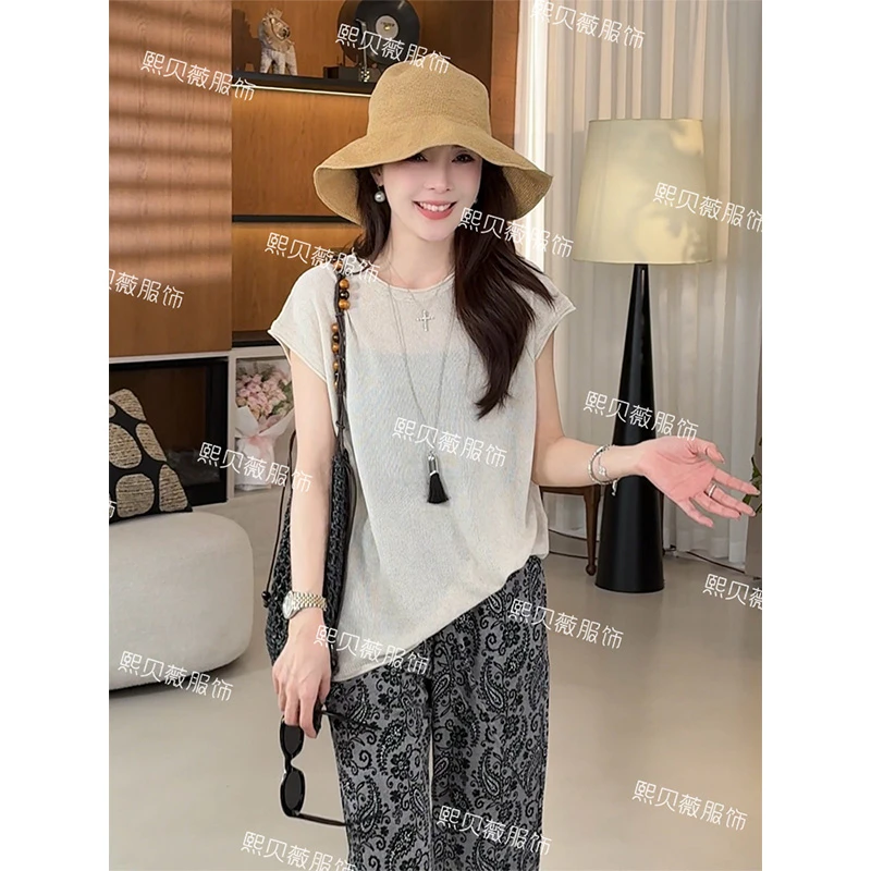 熙贝薇 复古莱赛尔亚麻针织衫新款通勤宽松显瘦无袖T恤 G7911